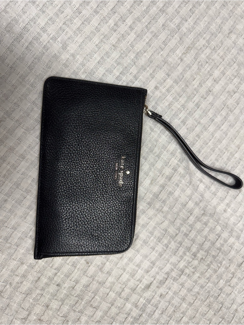 kate spade Black Pebbled Leather Wristlet Wallet with Gold Logo